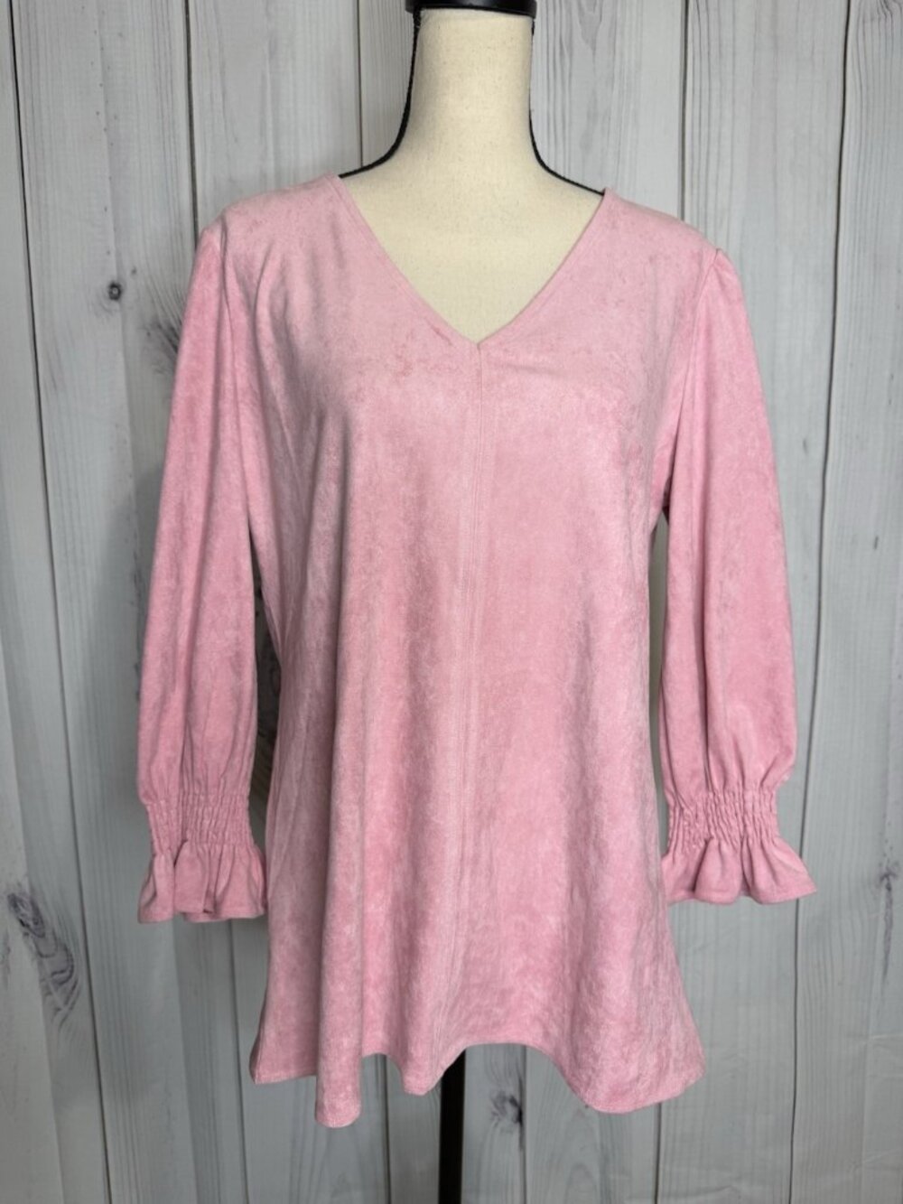 Aryeh Tunic Top Faux Suede Pink V-Neck Smocked Ruffle Cuff Sz XL Boho Chic NWT